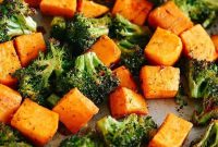 Crispy Roasted Broccoli and Sweet Potatoes with Garlic Parmesan