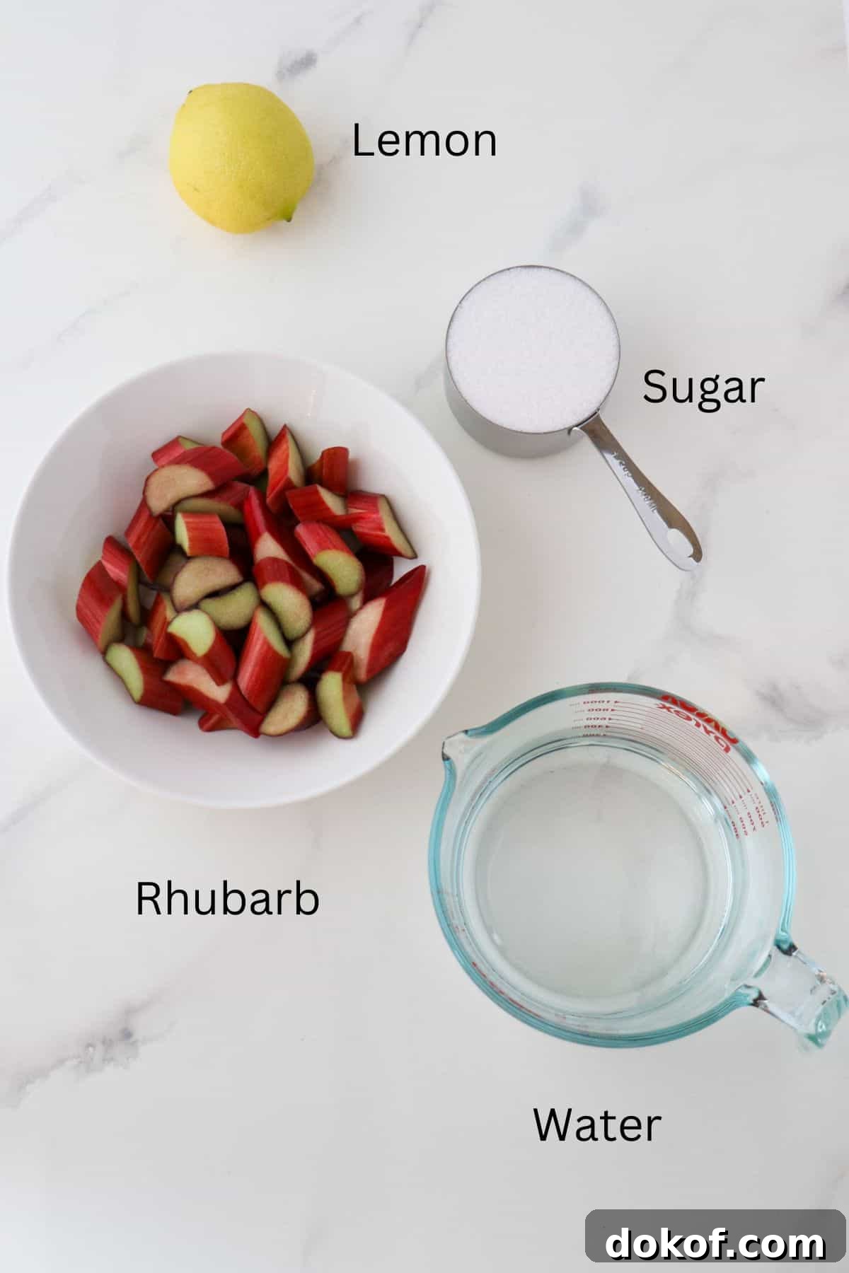 Labeled ingredients for rhubarb syrup (cordial).