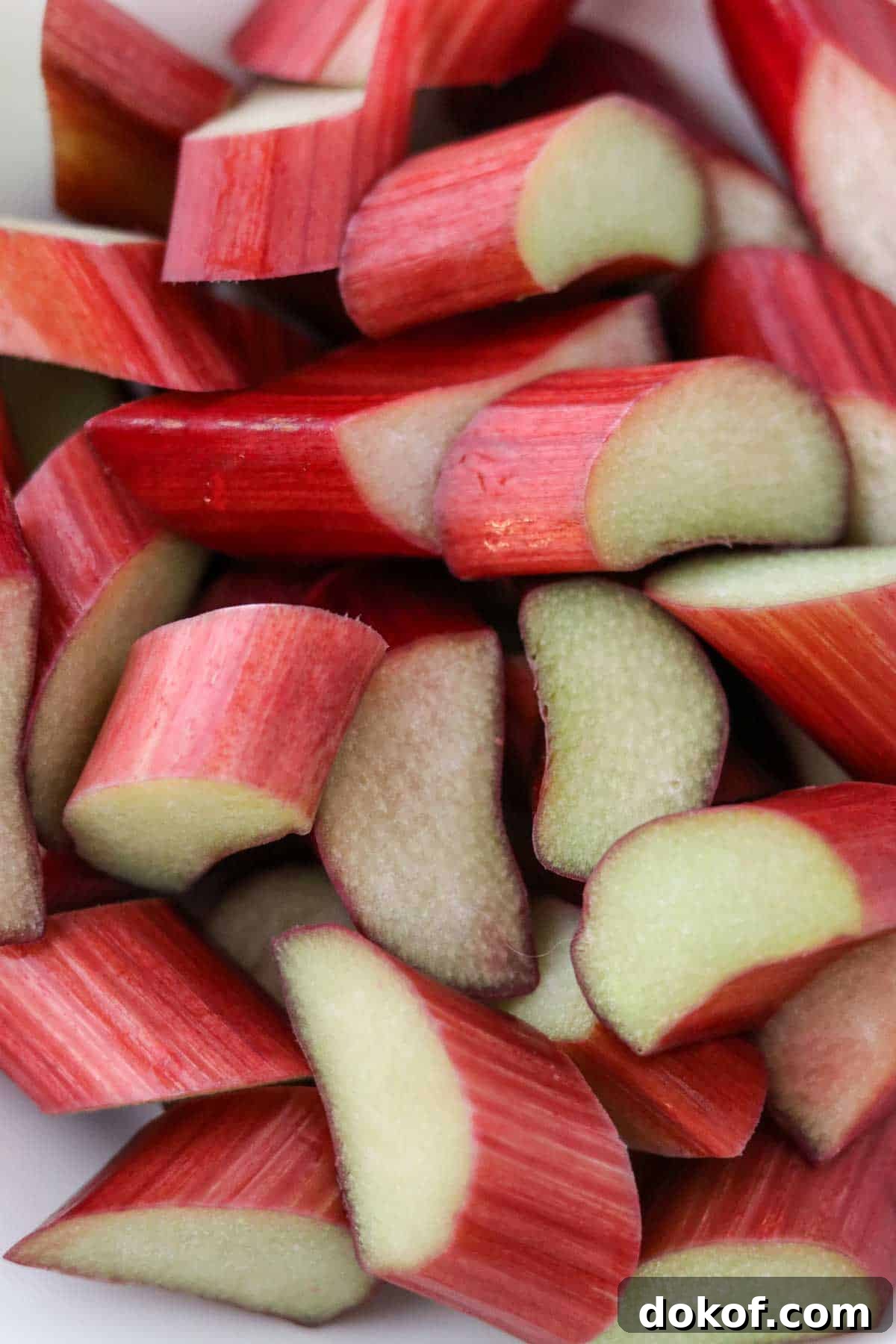 Close up of cut up rhubarb.