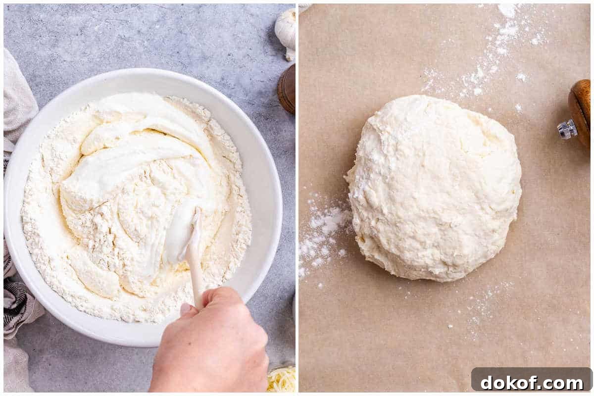 High-Protein White Pizza Recipe for Muscle Building 4 process shot of mixing the flour with yogurt to make the pizza dough.
