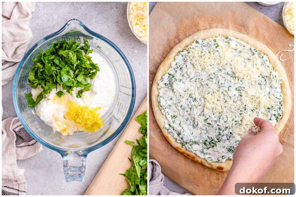 High-Protein White Pizza Recipe for Muscle Building 6 process shot to make the white sauce for the pizza and spread over the dough.