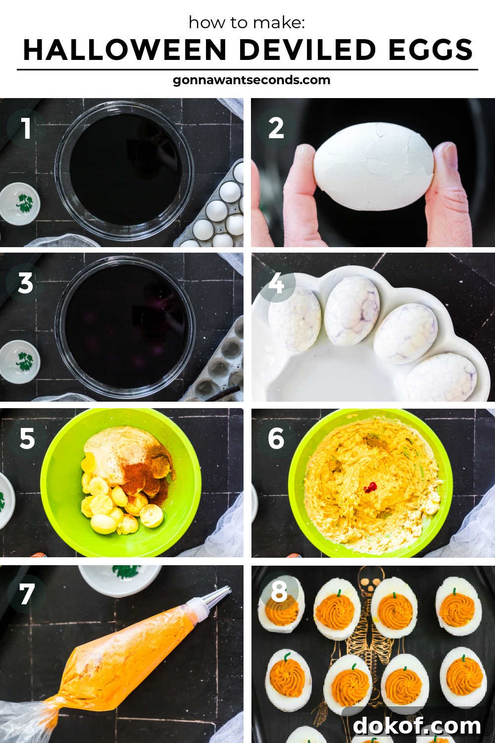 These spooky-cute Halloween Deviled Eggs have black-cracked shells and creamy orange filling. It's a stunning addition to any Halloween spread! #halloweenappetizers #deviledeggs step by step how to make Halloween Deviled Eggs