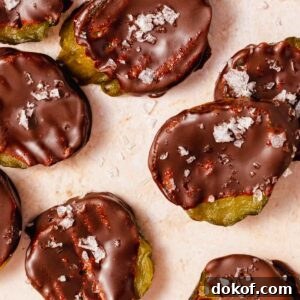 slices of pickles covered in chocolate and sprinkled in flaky salt square
