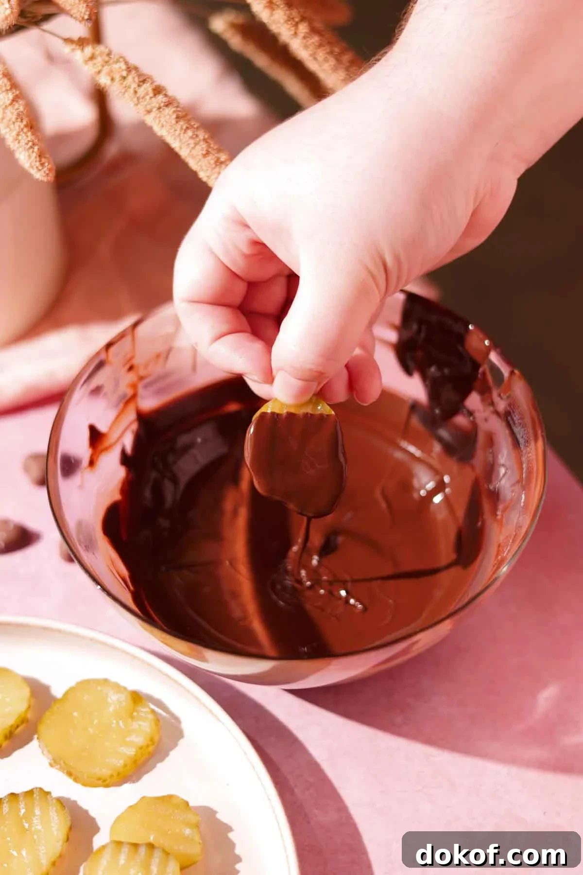 hand dipping pickle slices in glass bowl full of melted chocolate