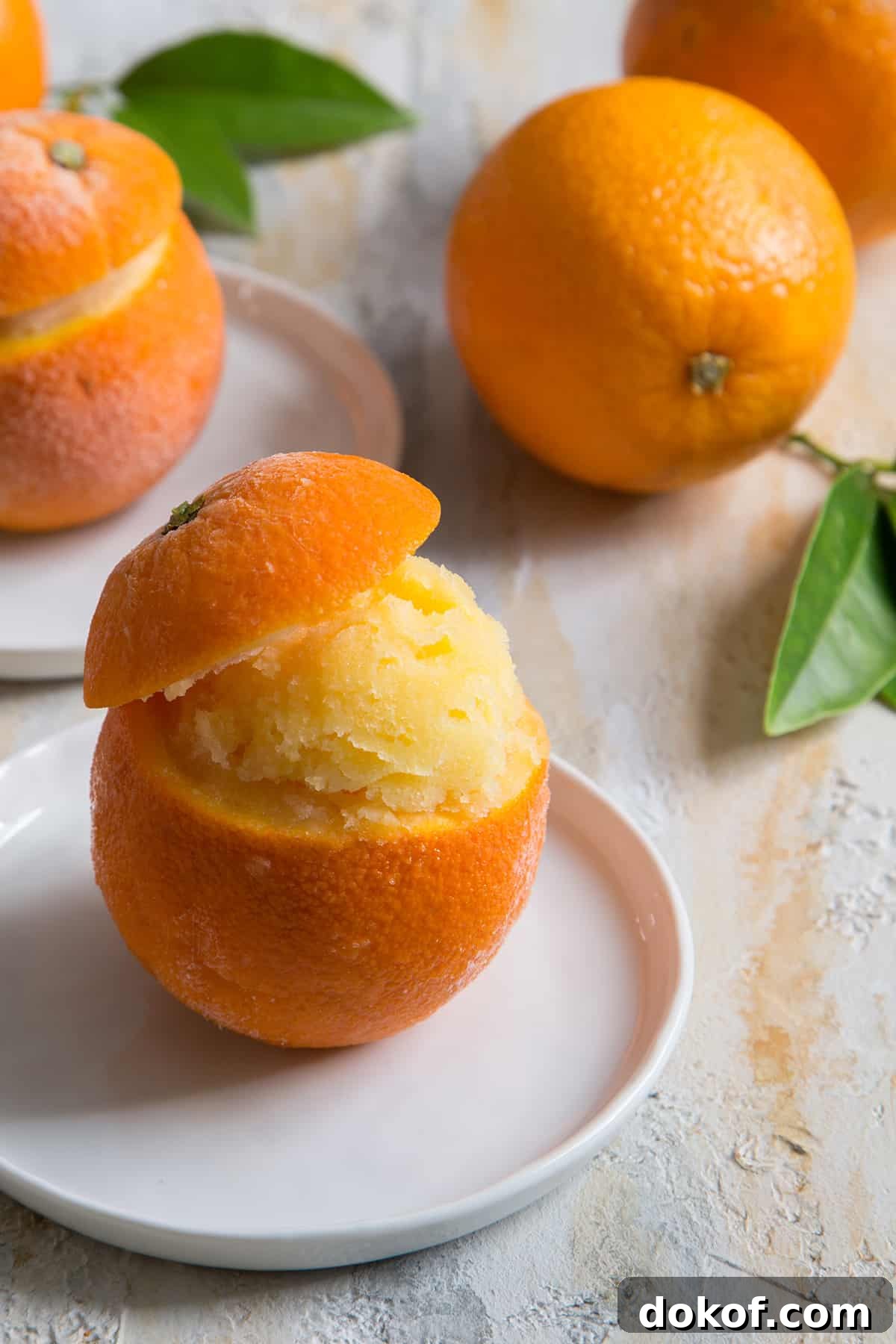 Orange Sorbet served in fresh orange cups.