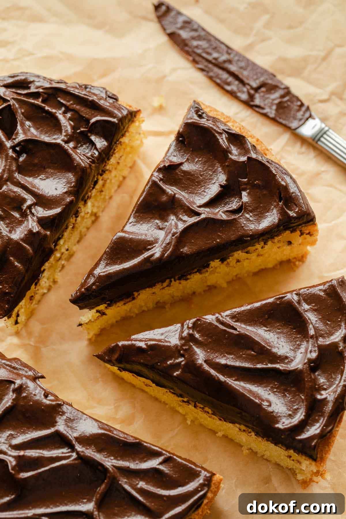 Overhead view of a lemon cake frosted with chocolate avocado icing.