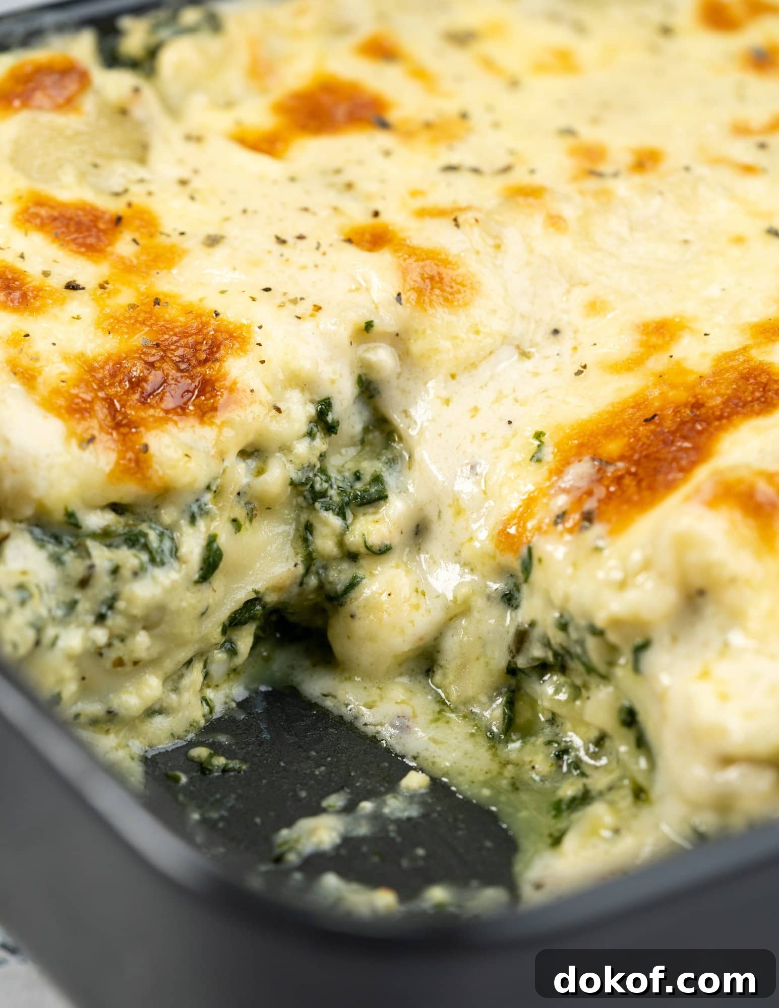 Cheese oozing out of creamy spinach lasagna layers when a slice is cut out. The top has a baked golden brown color.