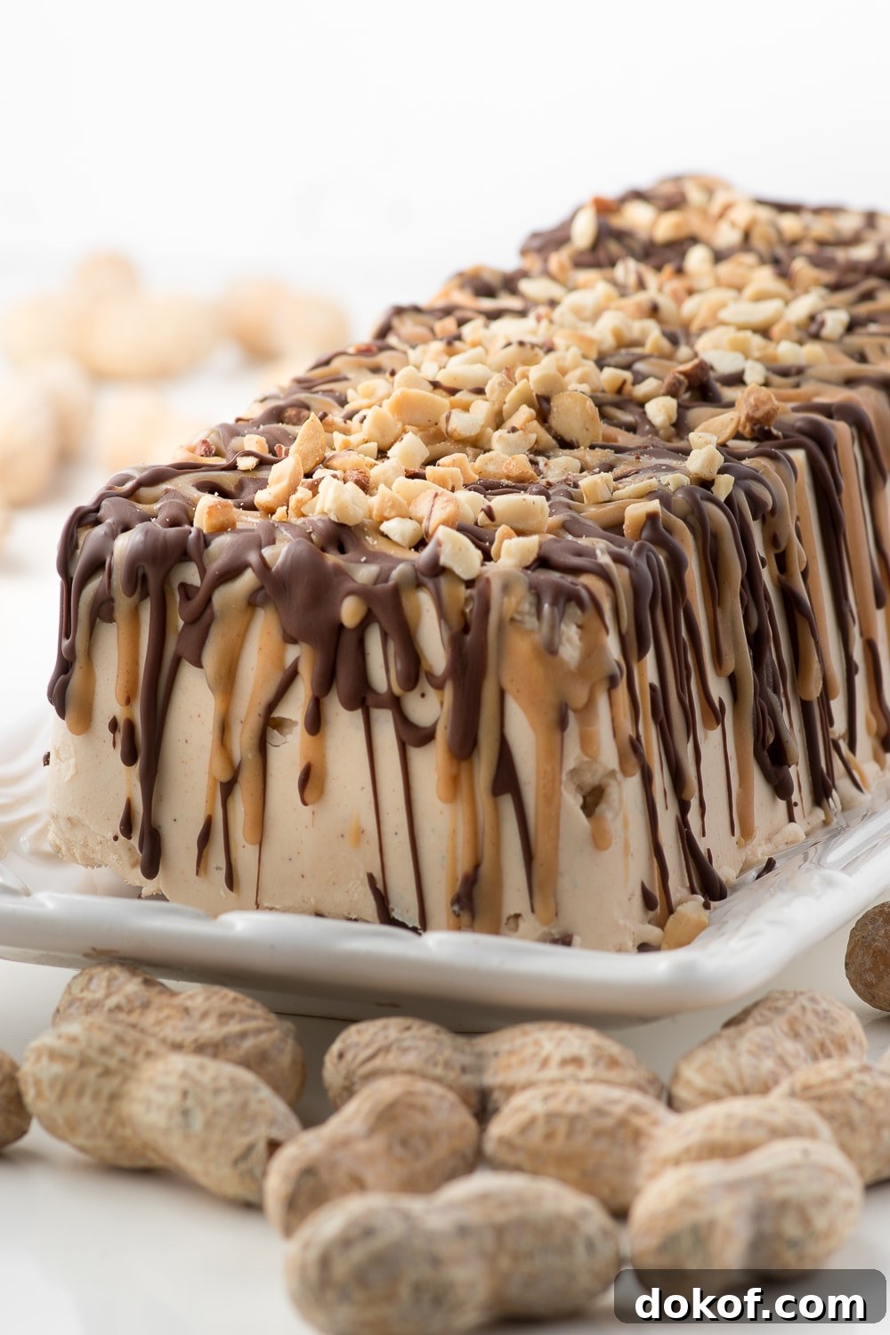 ice cream cake on a plate drizzled with peanut butter and chocolate topped with chopped peanuts