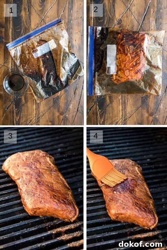 Four Images in a collage showing marinade in plastic bag, tenderloin in marinade, tenderloin on grill and a brush basting the tenderloin on grill