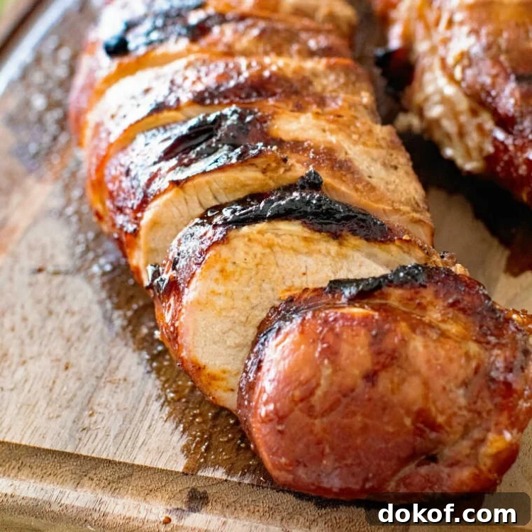 Grilled Asian Pork Tenderloin cut into slices on cutting board.