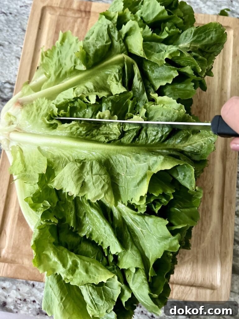 Starting to cut escarole into bite-sized pieces.