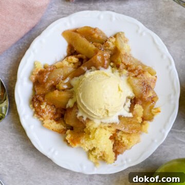 serving of cake mix apple cobbler with a scoop of vanilla ice cream on top.