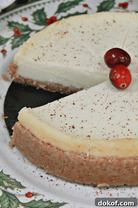 Decadent Eggnog Cheesecake Recipe for the Holidays 3 A classic cream cheese dessert topped with nutmeg and fresh cranberries.