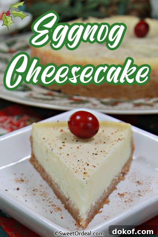 Decadent Eggnog Cheesecake Recipe for the Holidays 5 A cream cheese dessert in a graham cracker crumb crust, topped with nutmeg and a cranberry.