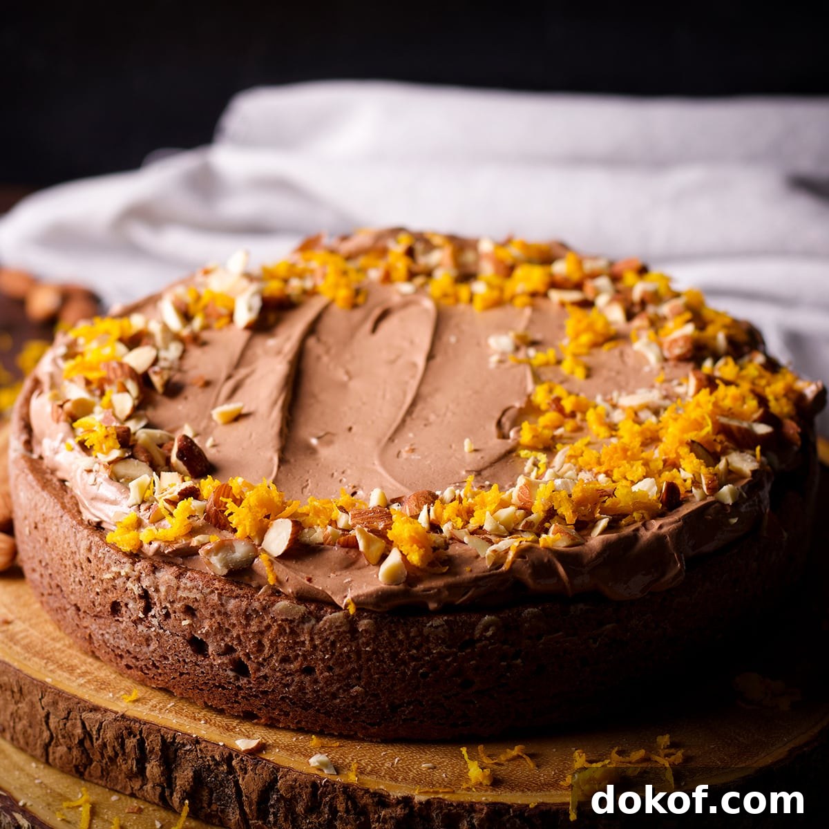A one layer chocolate almond cake frosted with chocolate orange buttercream.