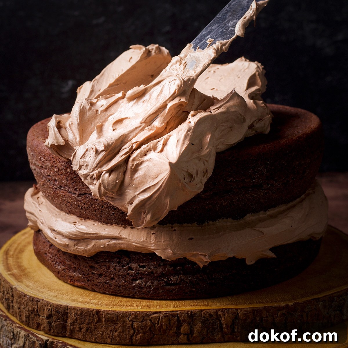 Quick Chocolate Buttercream Made with Heavy Cream 5 Someone using an offset icing spatula to spread milk chocolate buttercream over the top of a two-layer dark chocolate cake.