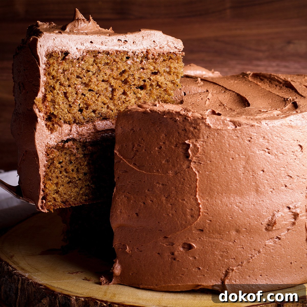 Quick Chocolate Buttercream Made with Heavy Cream 7 Serving a slice of Spice Cake with Chocolate Buttercream.