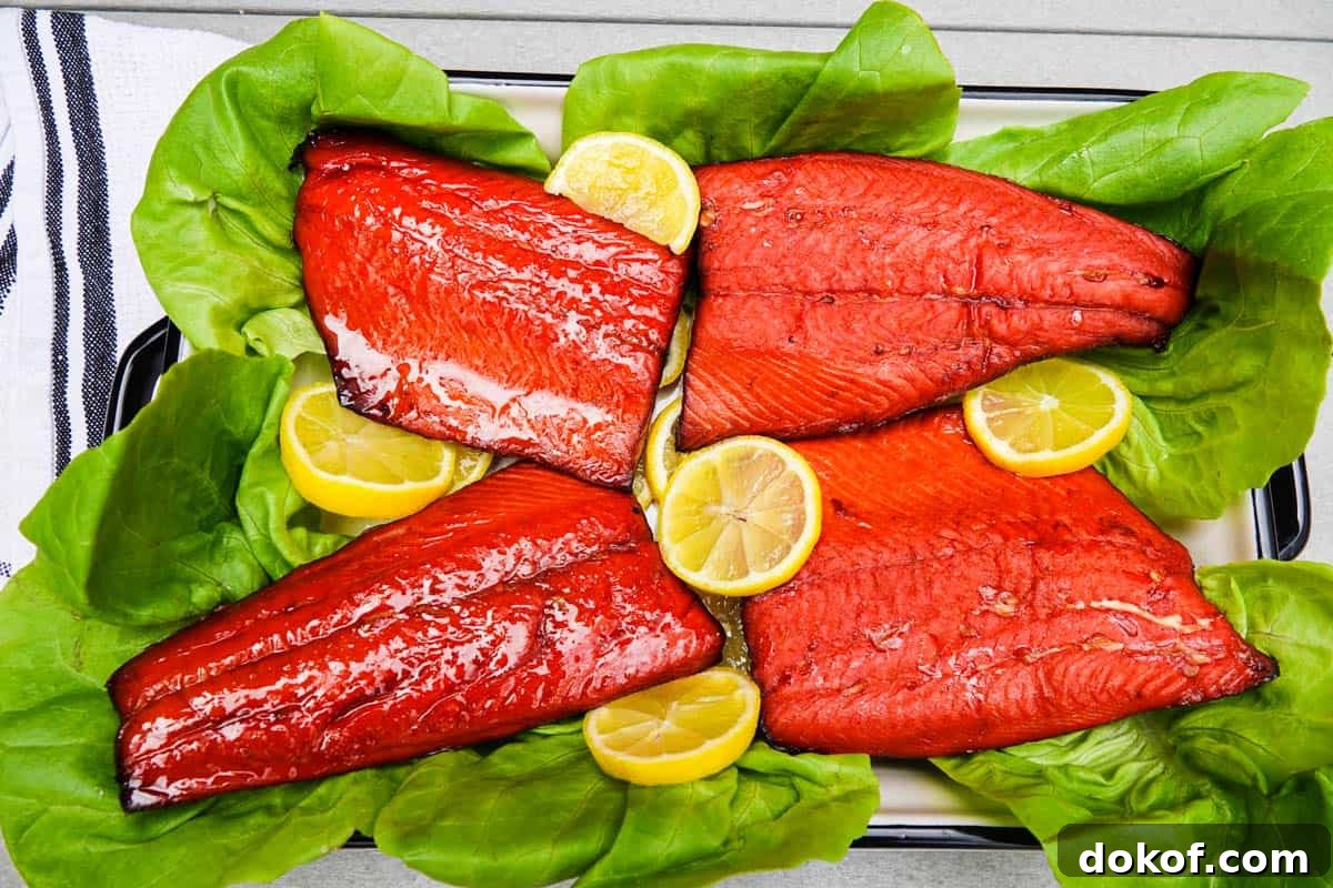 smoked salmon on a bed of lettuce with lemon slices
