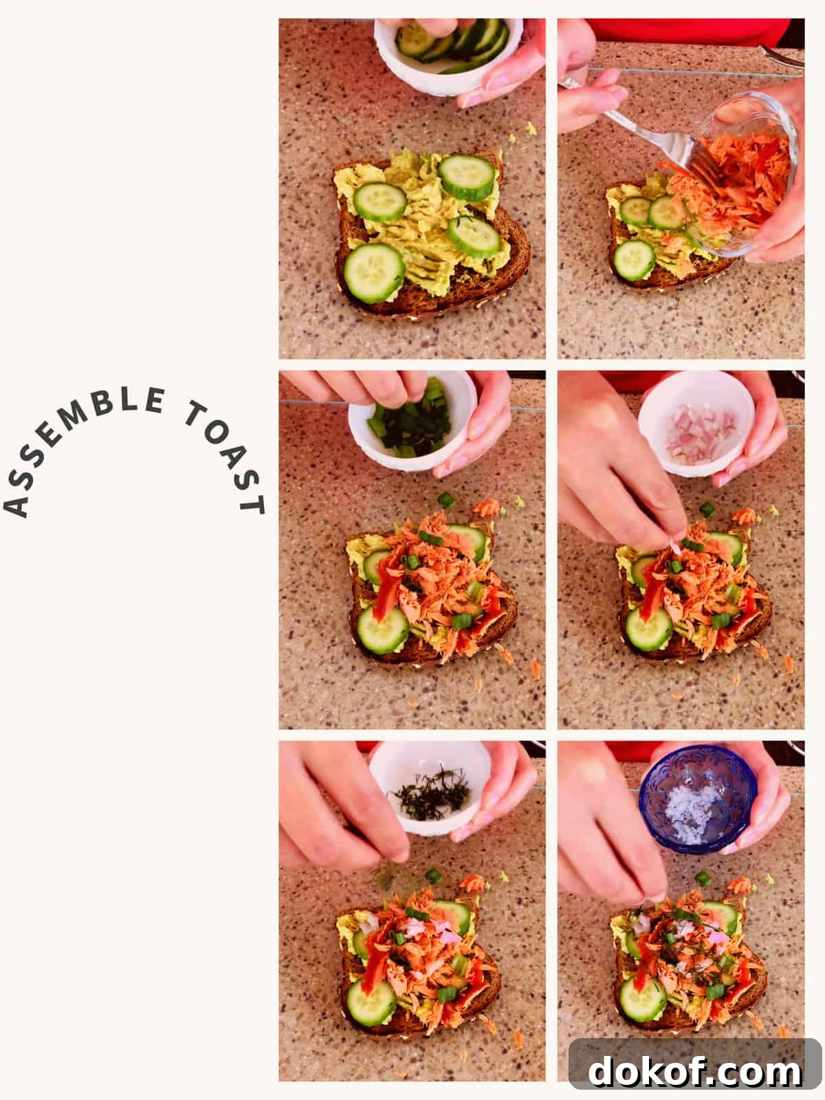 six picture collage on how to assemble salmon toast