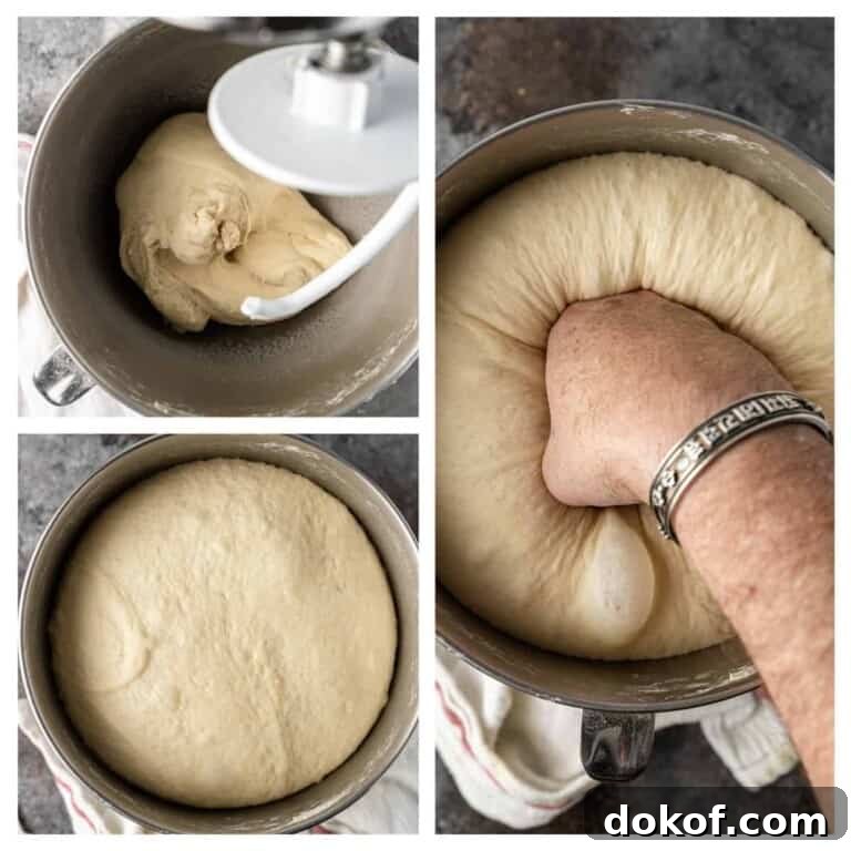 photo collage shows my bao bun recipe in a mixer, rising, and a hand punching it down after rising