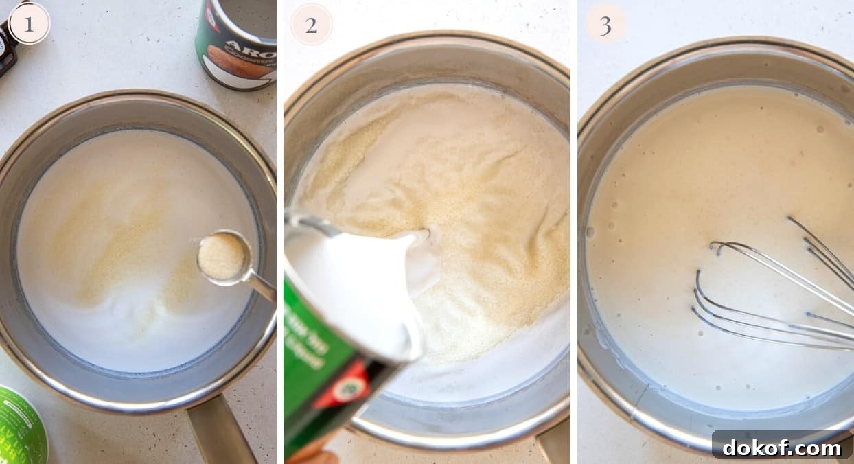 picture collage demonstrating how to bloom gelatin in coconut milk to make panna cotta