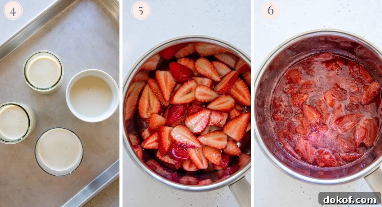 picture collage demonstrating how to make fresh strawberry honey compote as a panna cotta topping