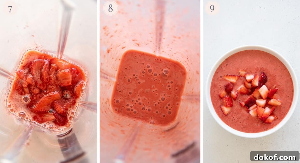 picture collage demonstrating how to make homemade strawberry compote in a blender