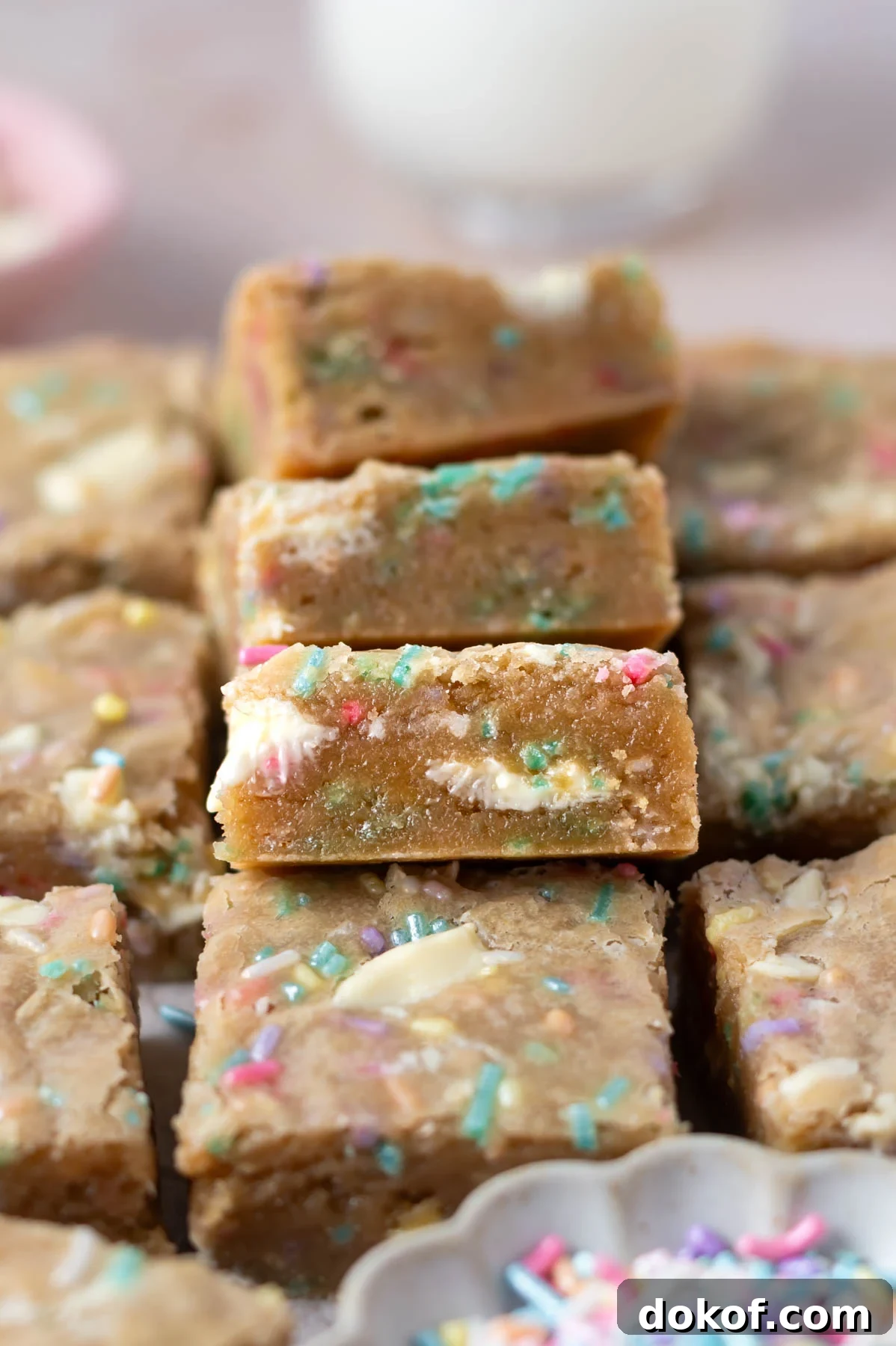 pile of birthday cake blondies showing the soft centers with sprinkles and white chocolate