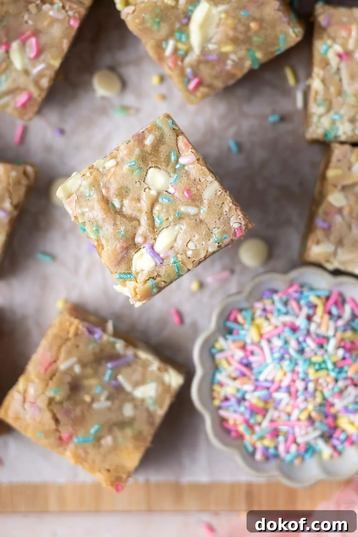 overhead look at a birthday cake blondie on a parchment lined cutting board
