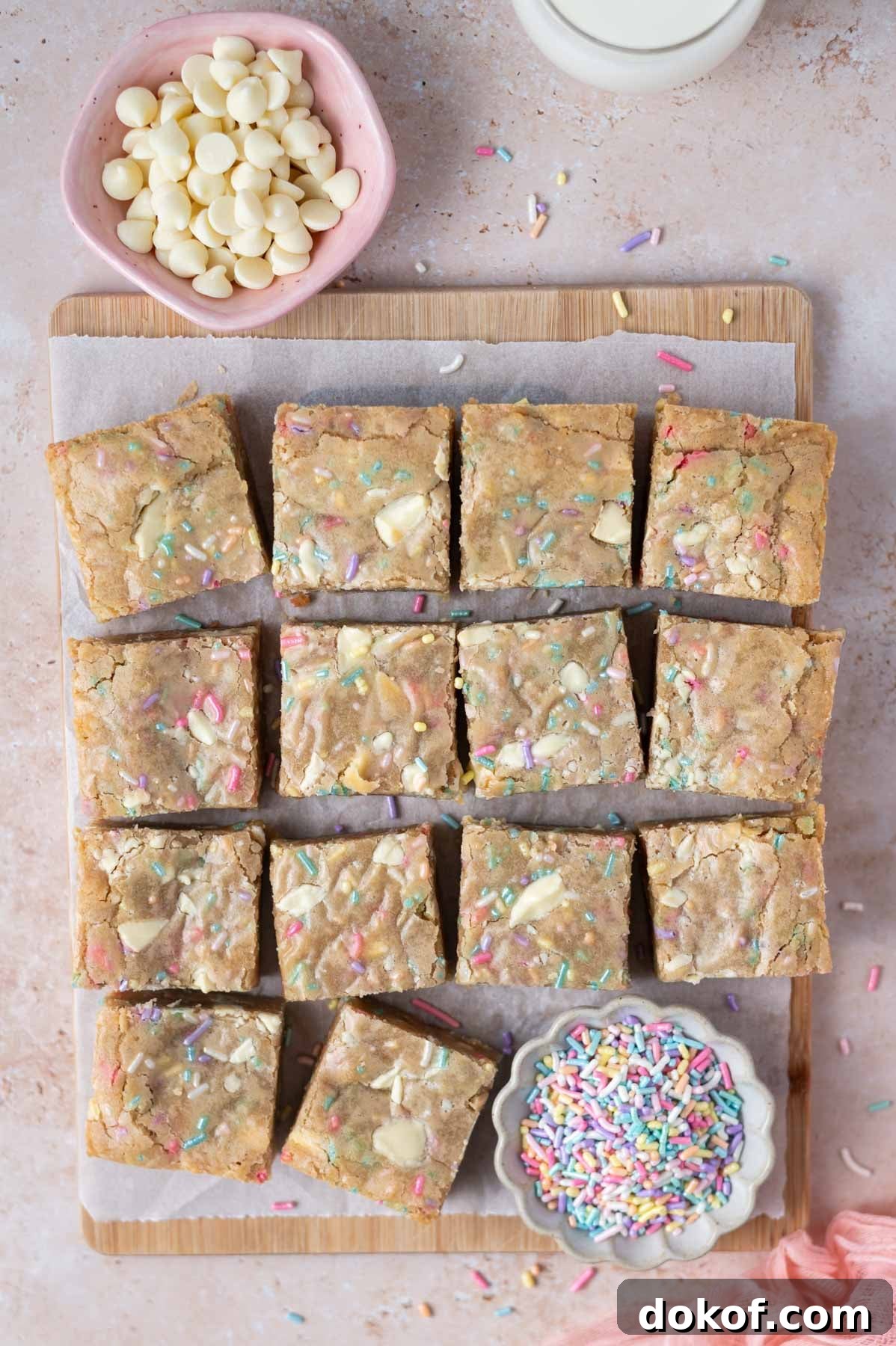 cut blondies on a cutting board with a bowl of white chocolate, a bowl of sprinkles and a glass of milk