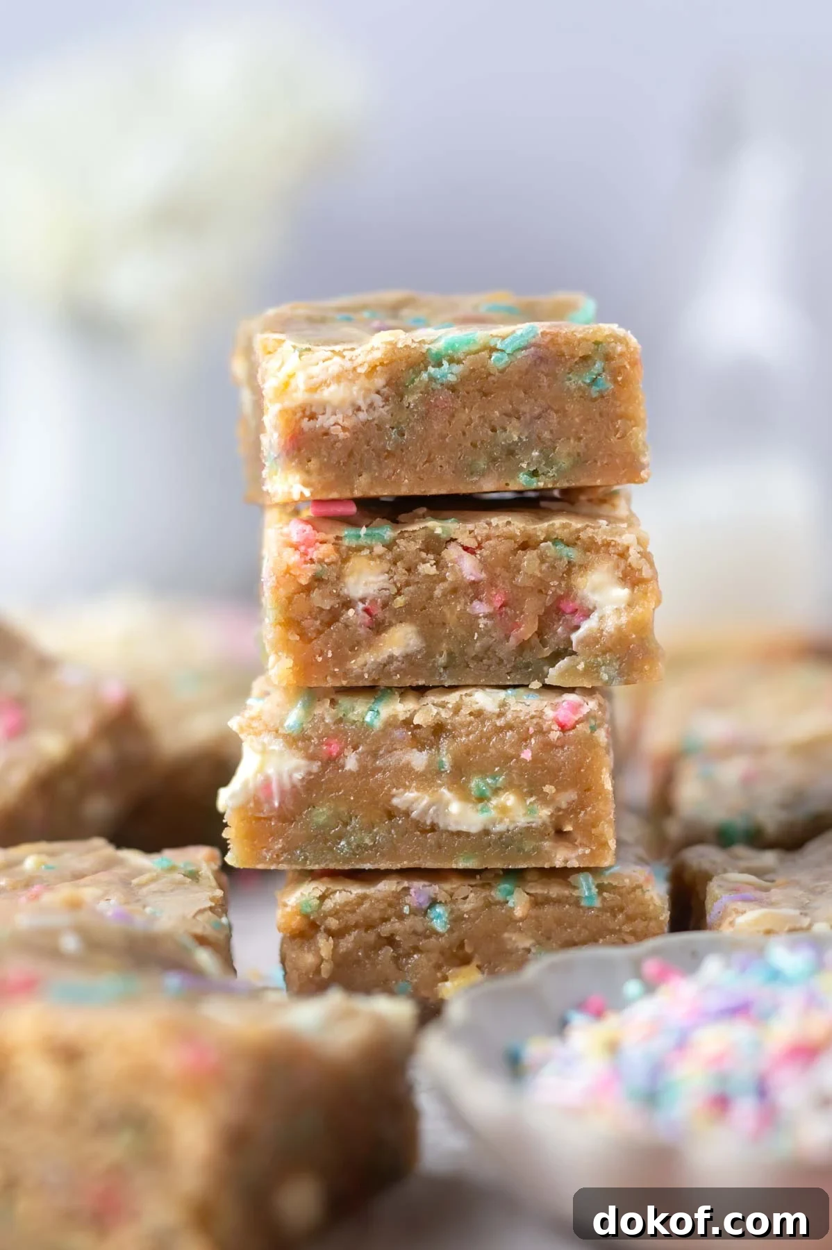 stack of blondies with a bowl of sprinkles in the foreground