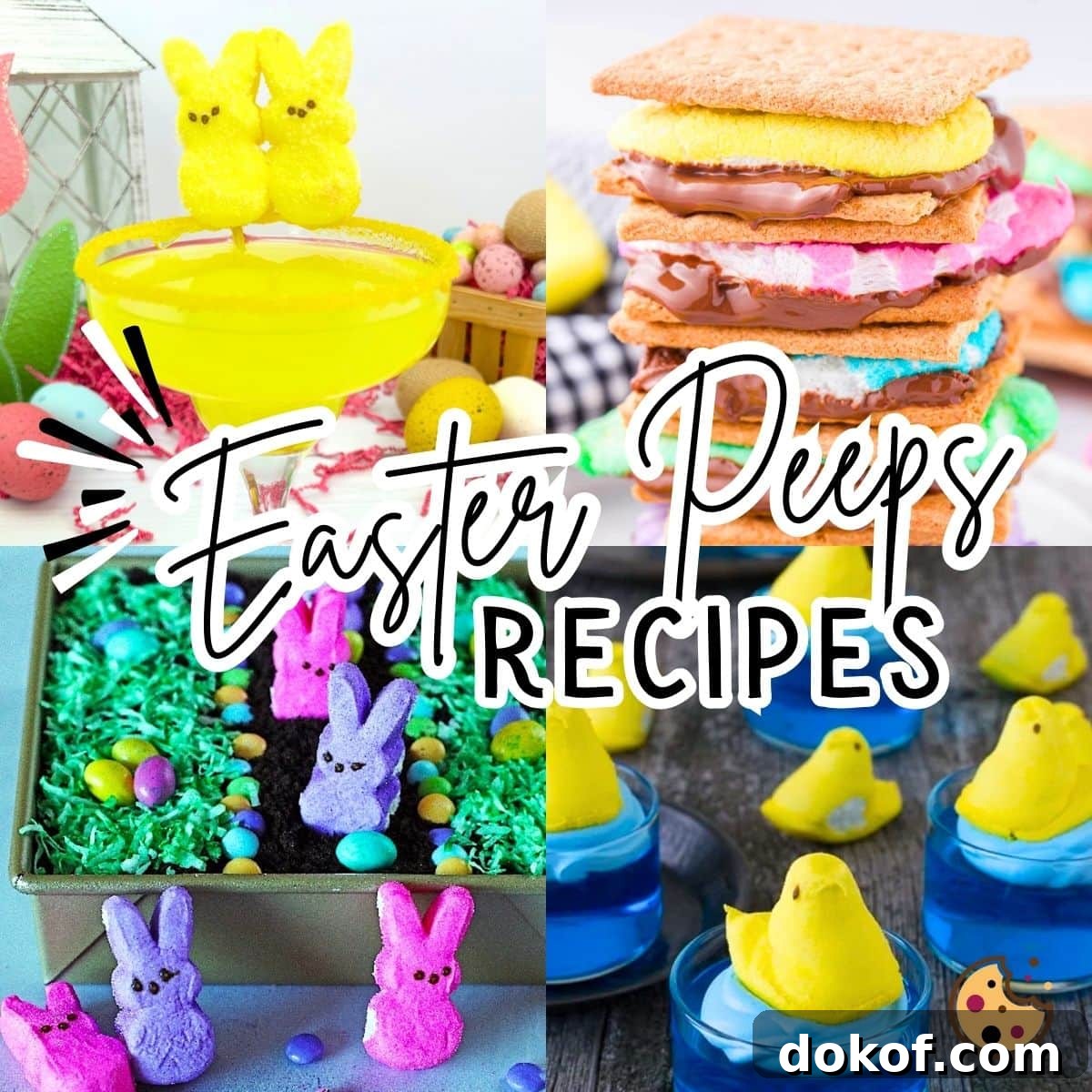 A collage of images showing Easter peeps recipes, dirt cake, jello cups, smores, and peeps rice krispie treats.