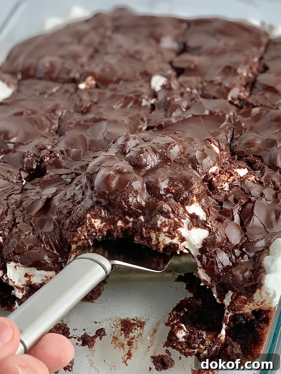 A glass baking dish filled with a dark brown chocolate cake followed by a white layer of mini marshmallows and topped with dark brown chocolate frosting.