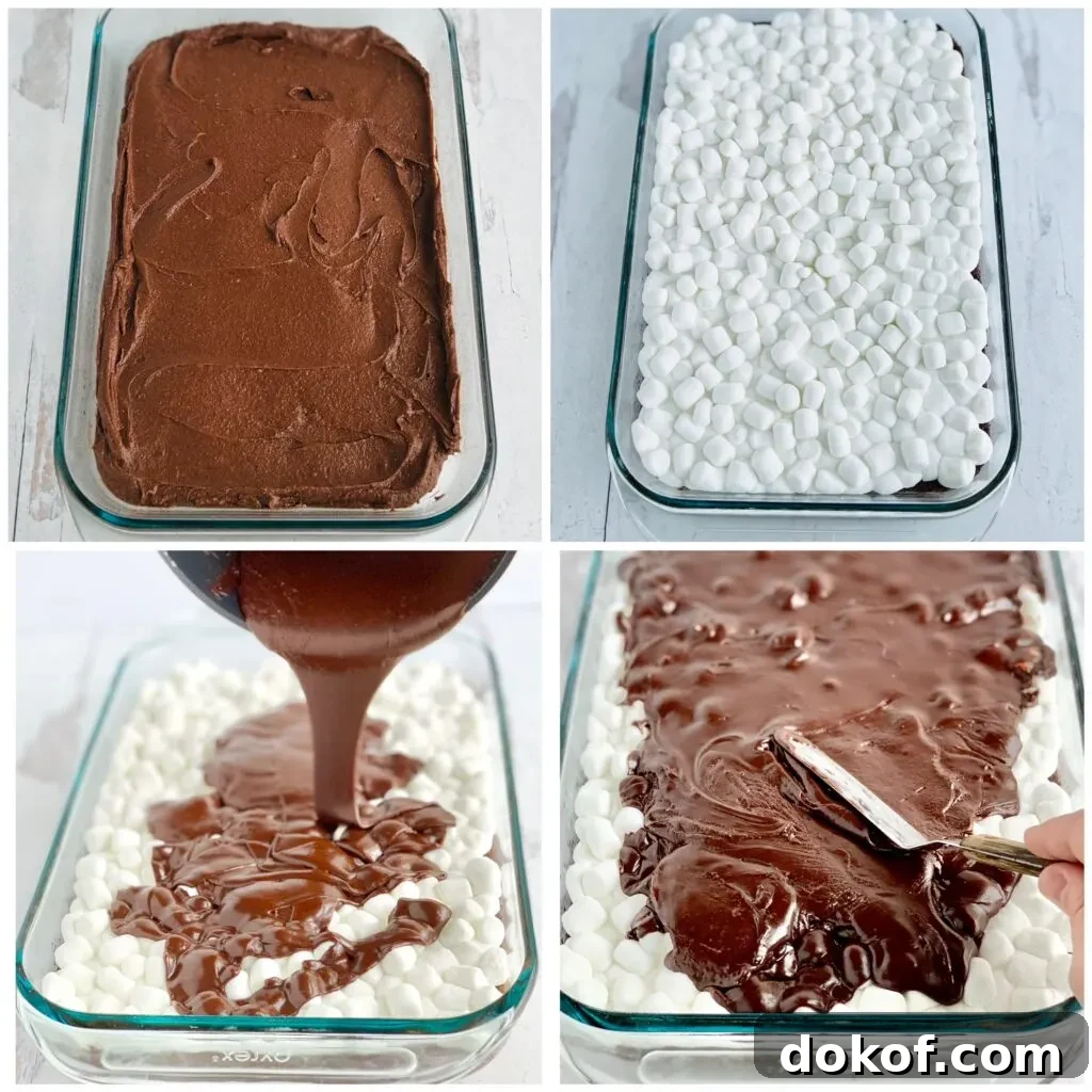 A collage of 4 pictures showing the cake at several stages: batter in a pan, marshmallows added, frosting being poured, and the frosting spread over the marshmallows.