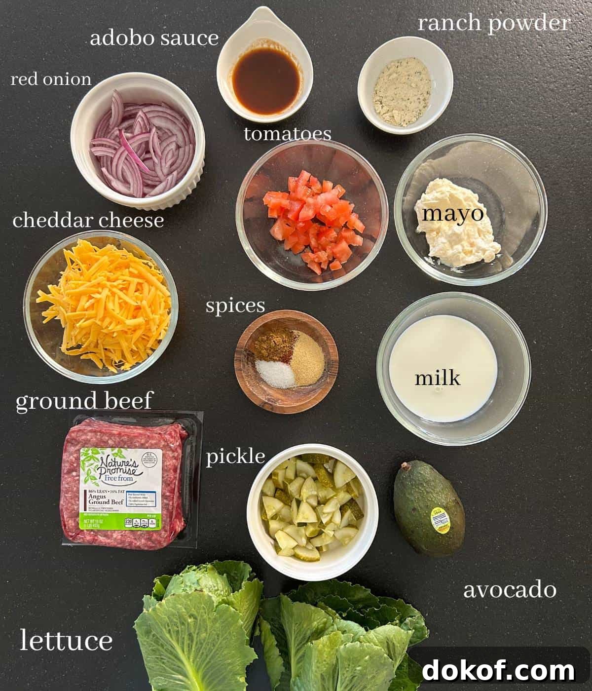Ingredients for cheeseburger bowls on countertop.