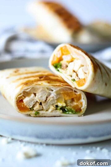 close up view on chicken fajita wrap sliced in half