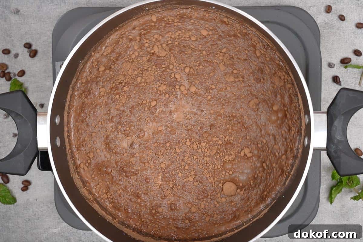 Milk, cream, water, sugar, and cocoa powder added to a pan.