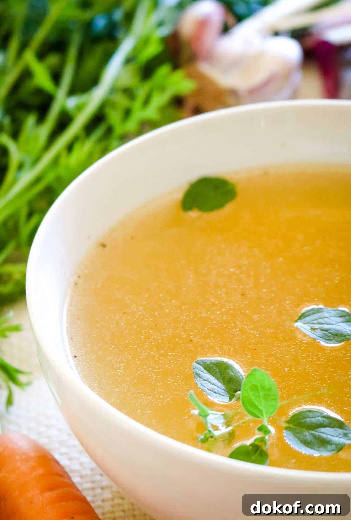 bone broth with oregano leaves in white mug