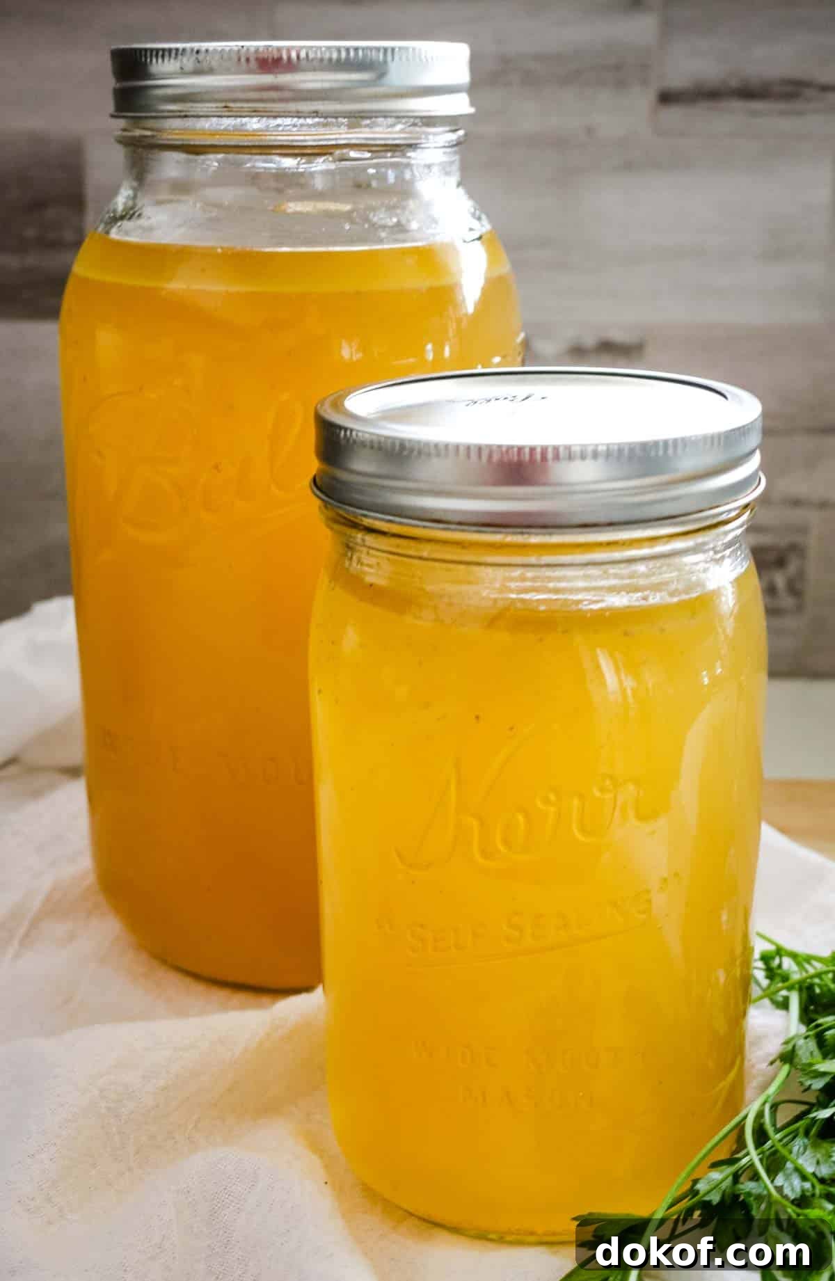 broth stored in mason jars with green parsley.
