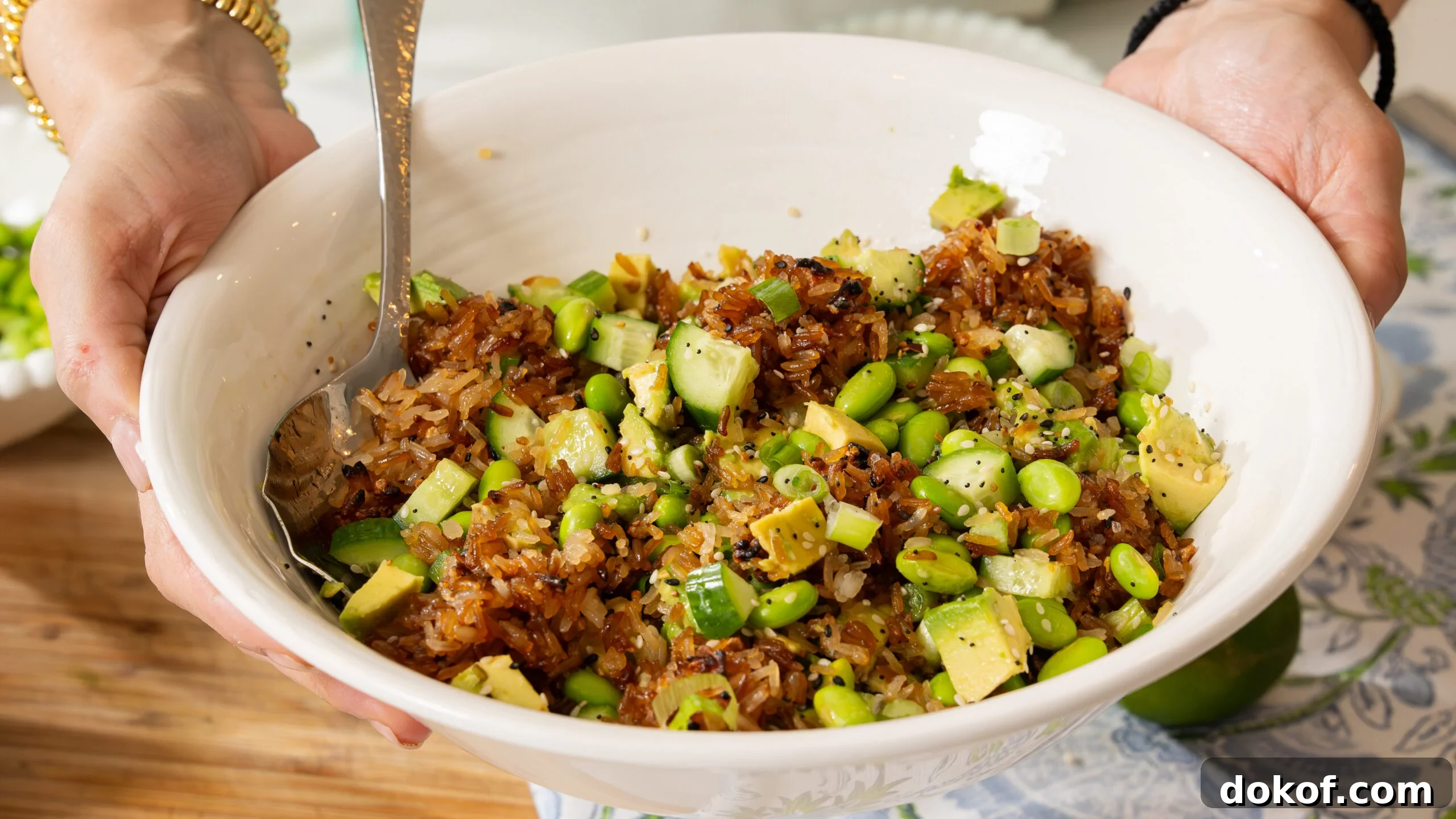 Crispy rice salad in a bowl.