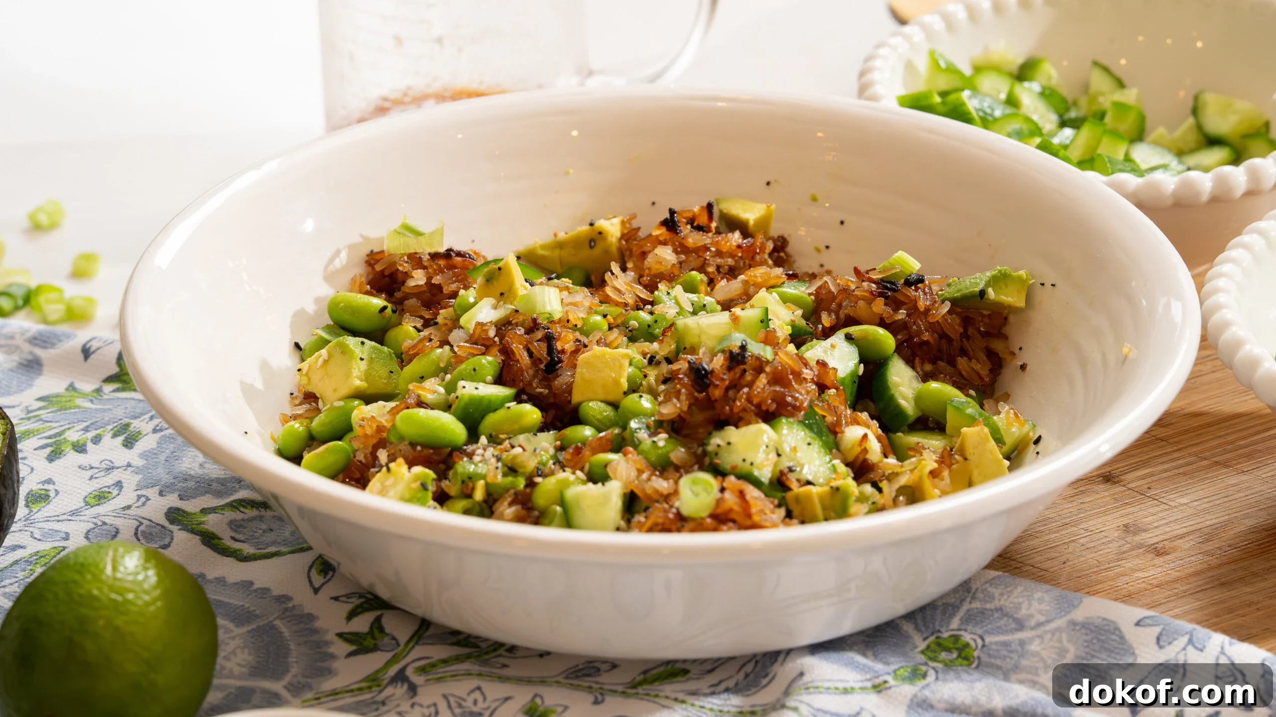 Crispy rice salad in a white bowl on the counter.