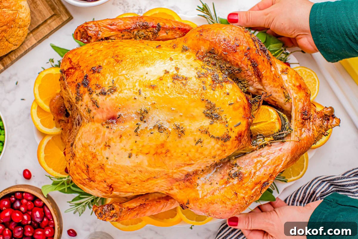 A whole roasted turkey garnished with herbs and orange slices is placed on a platter, with hands preparing to serve it. Bowls of cranberries and vegetables are nearby.