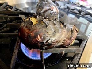 Gilling eggplant on gas stovetop