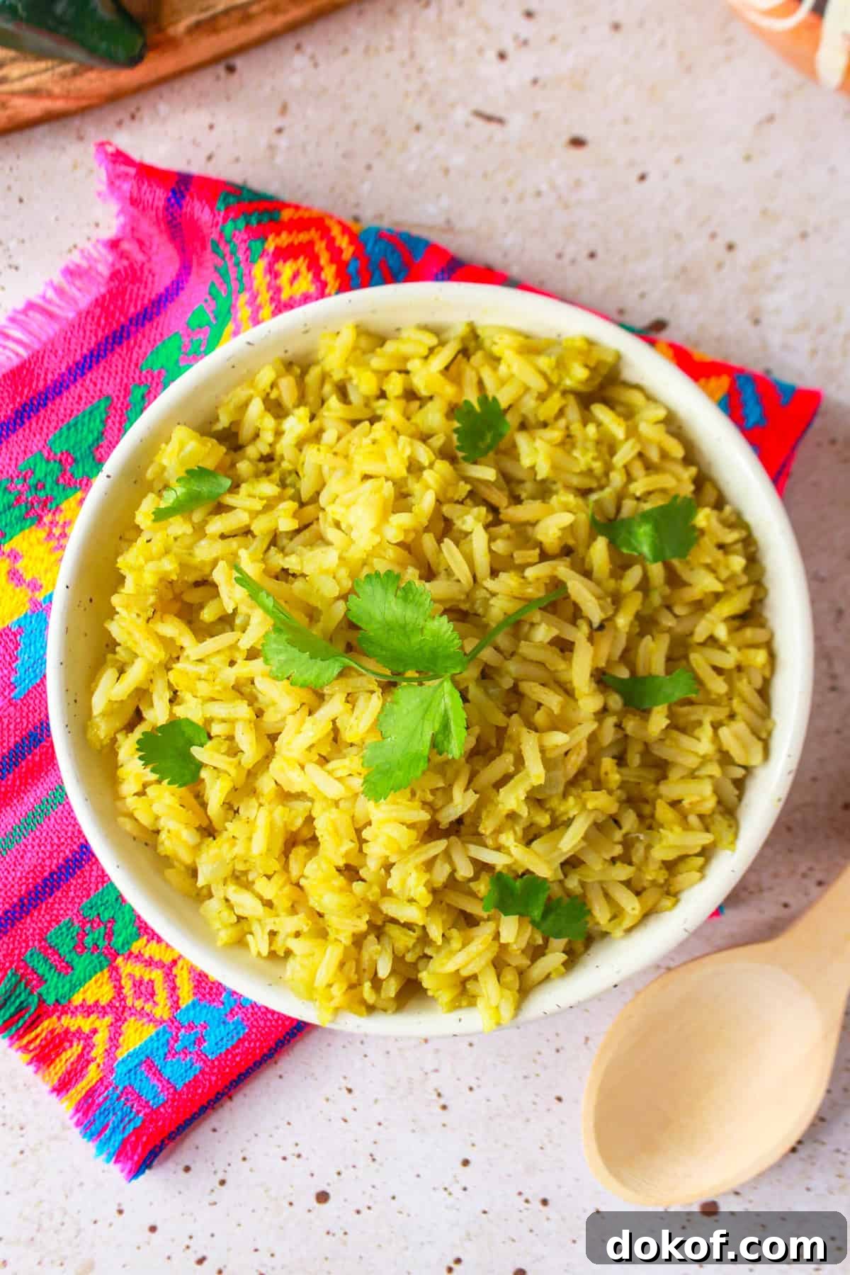 Top view of Arroz Verde Poblano garnished with cilantro
