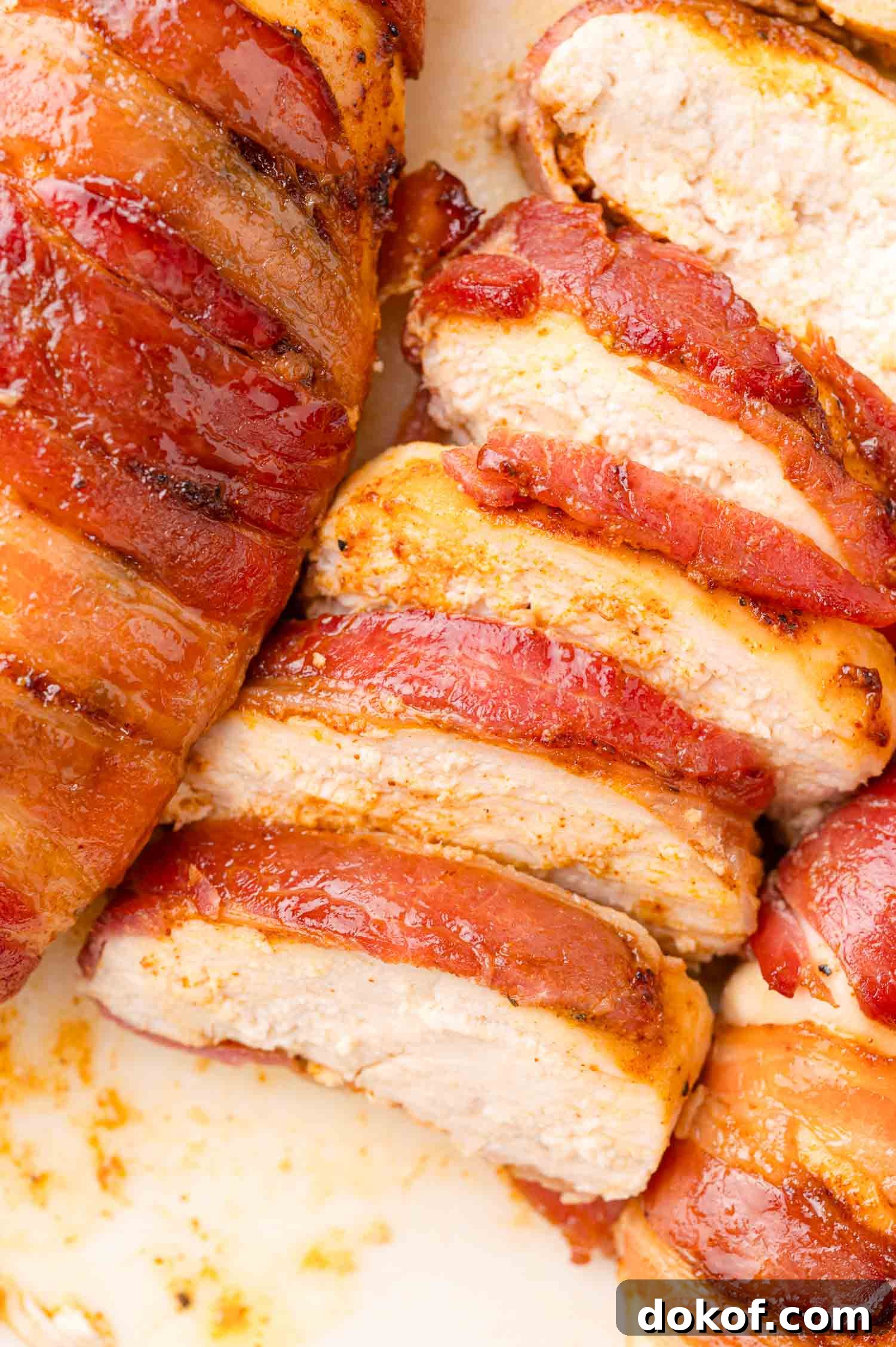 Juicy Bacon-Wrapped Chicken Breasts with Herb Butter Filling 8 Bacon wrapped chicken, sliced and displayed on a white surface.