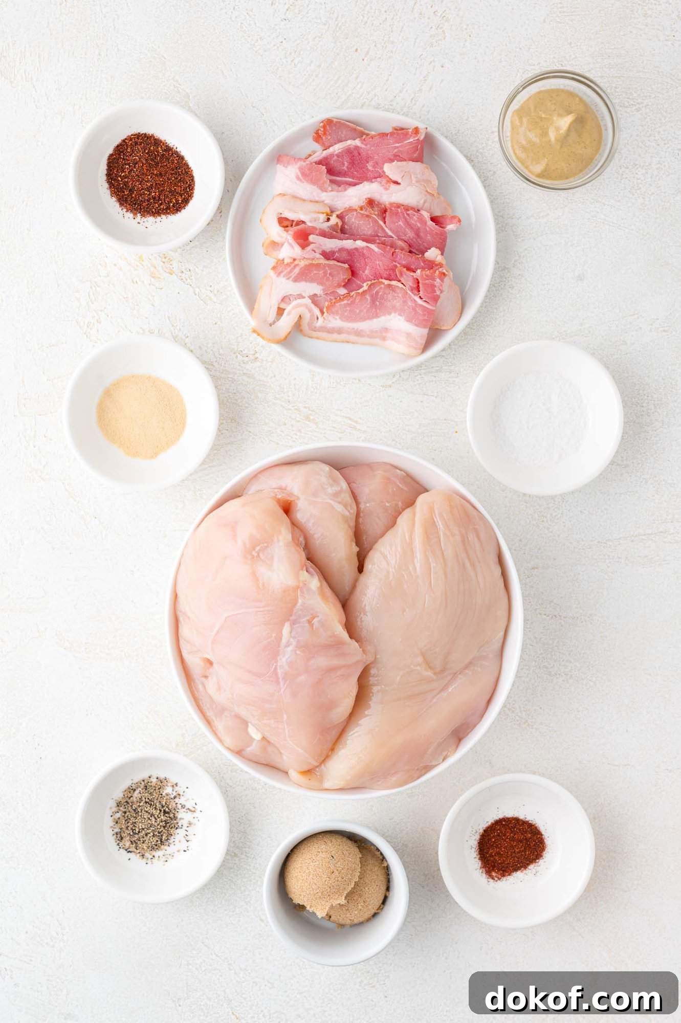 Juicy Bacon-Wrapped Chicken Breasts with Herb Butter Filling 3 Raw chicken breasts in a bowl surrounded by bowls of bacon, mustard, salt, pepper, brown sugar, garlic powder, paprika, and chili powder on a white surface.
