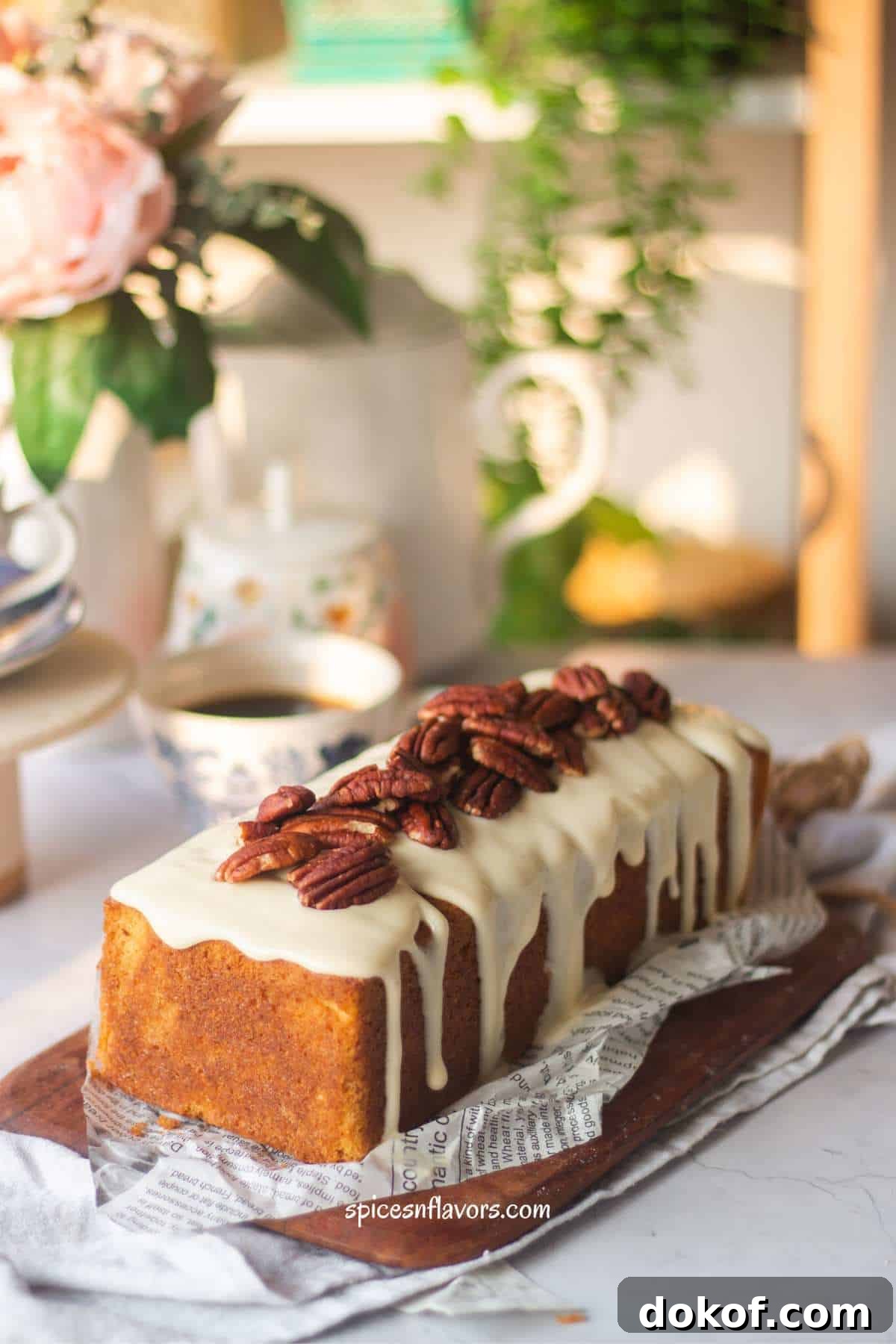 Classic Old-Fashioned Pound Cake Recipe: Step-by-Step Guide 2 baked pound cake placed on a wooden board with coffee and flowers in the background
