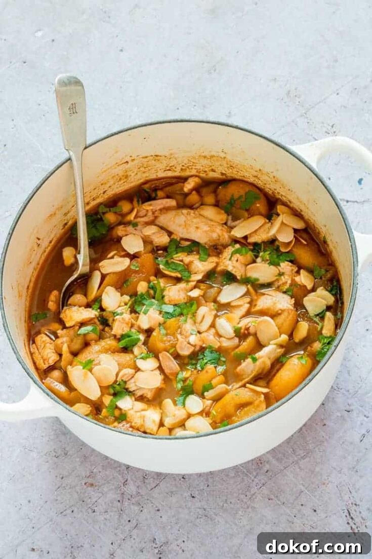spiced turkey stew in a pot garnished with almonds
