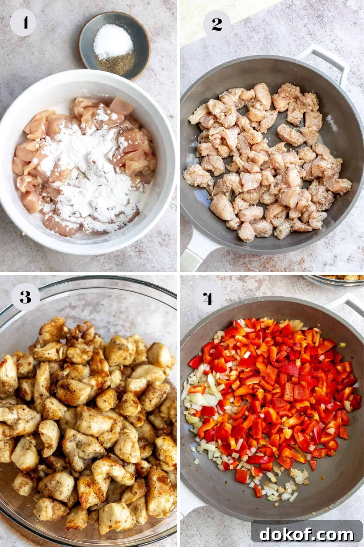 Steps to make salt and pepper chicken recipe. Grey skillet with crispy chicken in it.