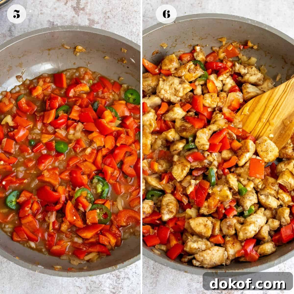 Red bell peppers in a skillet with chicken and a wooden spoon.